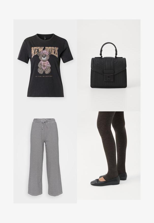 T-shirt noir à manches courtes avec un ours en peluche portant un chapeau et un pull roses, texte "NEW YORK" au-dessus et "ONE TEAM. ONE HEARTBEAT." en dessous.; Pantalons larges en tissu doux avec des rayures horizontales noires et blanches, dotés d'une taille élastique et d'un cordon de serrage pour un ajustement ajustable.; Jambes portant des leggings côtelés foncés associés à des ballerines noires avec de petits détails en nœud sur fond blanc.; Sac à main en cuir noir avec une texture matelassée, de forme rectangulaire, une anse supérieure et un rabat frontal doté d'un fermoir en métal argenté.