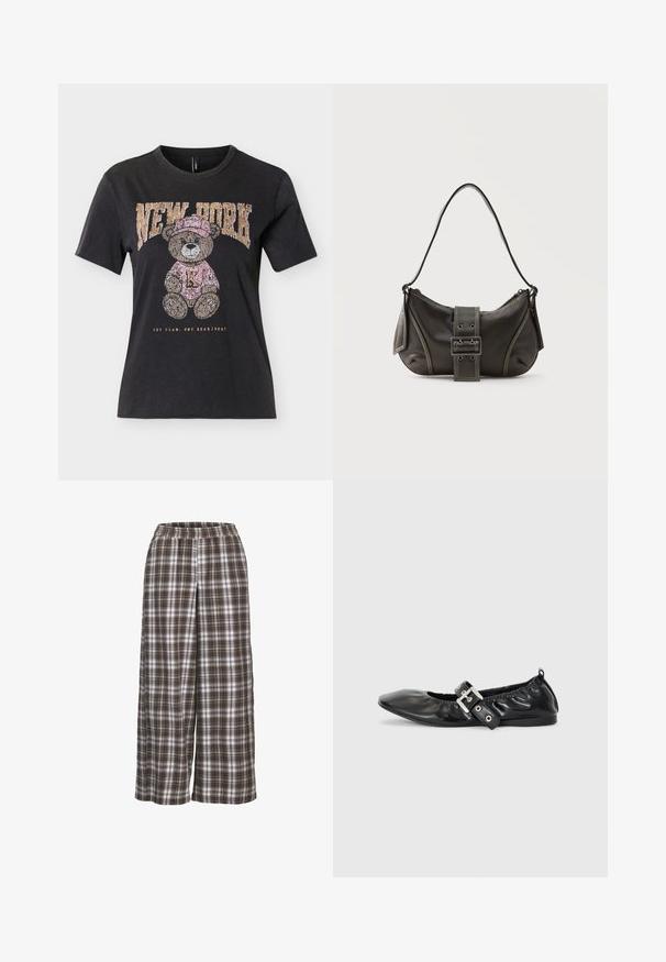 Schwarzes kurzärmeliges T-Shirt mit einem Teddybär, der einen rosa Hut und Pullover trägt, mit dem Schriftzug "NEW YORK" darüber und "ONE TEAM. ONE HEARTBEAT." darunter.; Weite Karo-Hosen in Braun, Weiß und Grau; elastischer Bund; weicher Stoff; mit klassischem Karomuster.; Schwarze Leder-Ballerinas mit spitzem Zehenbereich, gerafften Details am Schaft und einem silbernen Schnallenakzent am verstellbaren Riemen.; Schwarze Leder-Schultertasche mit Schnallengurt-Detail, abgerundeten Kanten und kontrastierenden weißen Nähten auf schlichtem Hintergrund.