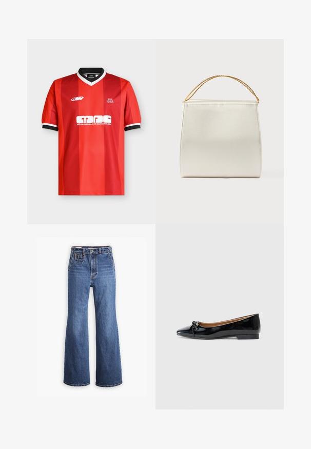 Rød og mørkerød kortærmet sportstrøje med sort og hvid V-hals og ærmekanter, hvide logoer og teksten "EST. 1986" på brystet.; Højtaljede blå denimjeans med bred ben-design, som har en frontlomme, messingknaplukning og kontrastsyninger.; Sorte patenterede læderballetsko med spidse tæer, lille sløjfedetail foran og en lav, firkantet hæl. Glat, skinnende tekstur.; Struktureret taske i satinfinish, cremefarvet, med en kæde til skulderrem. Har en flad, glat tekstur og rene syninger.