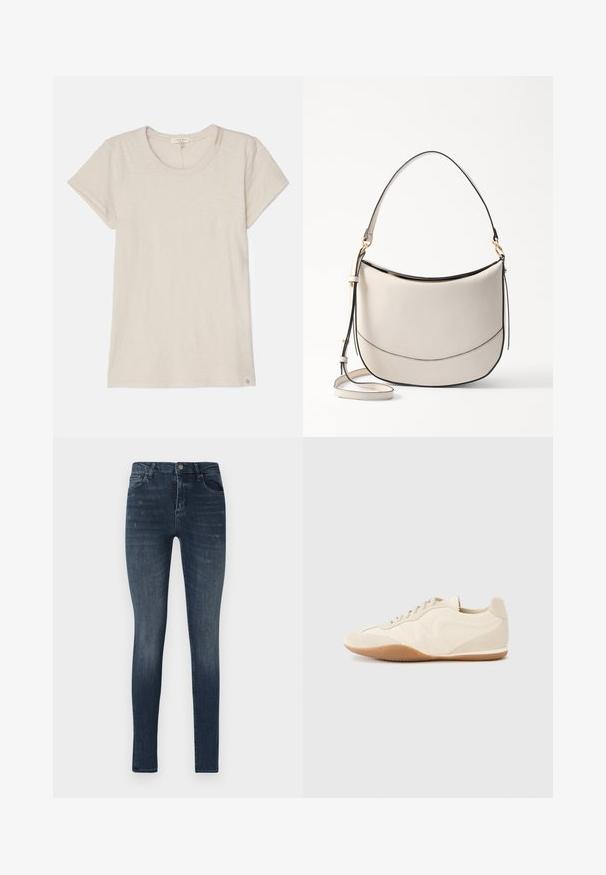 Lys beige kortærmet t-shirt lavet af blødt materiale, med rund halsudskæring og et lille logo mærke i nederste venstre hjørne.; Slanke denim jeans i mørkeblå, med fem lomme-design, let slidser og en knaplukning i taljen.; Lyse beige sneakers med en tekstureret læderoverdel, teksturerede sider og en gummisål. Har et slankt, strømlinet design og flade snørebånd.; Vanessa Bruno DAILY - Håndtasker - ivoire