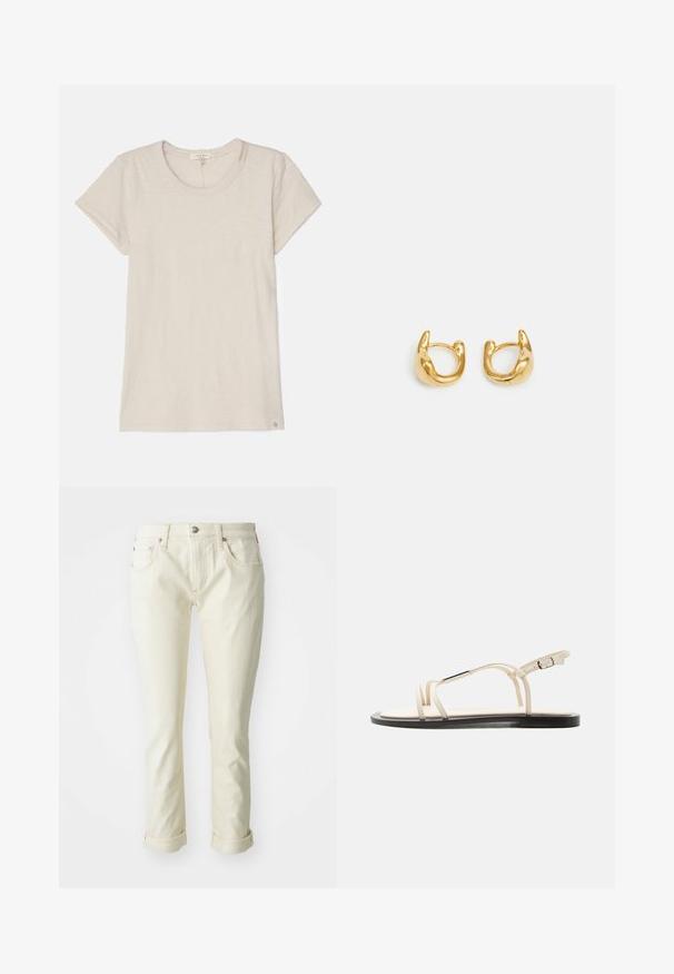 T-shirt beige clair à manches courtes en tissu doux, avec un col rond et une petite étiquette logo en bas à gauche.; Jean en denim beige avec une coupe ajustée, comportant cinq poches, une fermeture éclair et des ourlets roulés pour une finition cropped.; Sandale plate beige avec fines brides, accent argenté sur la bride supérieure et boucle réglable sur la bride de cheville, semelle noire.; Boucles d'oreilles en or présentant un design lisse et arrondi avec une finition polie. Les boucles ont une forme compacte et chunky, et un fermoir sans couture.