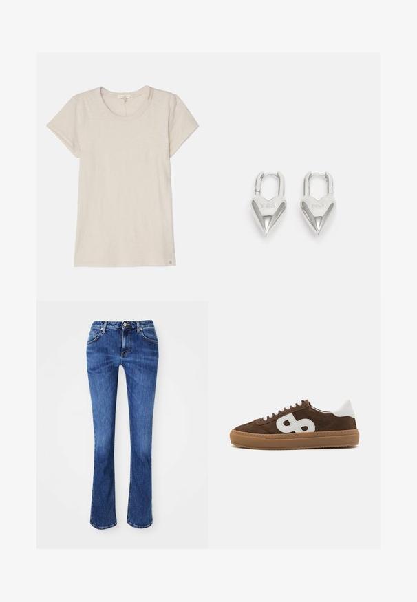 Helle beige Kurzarm-T-Shirt aus weichem Stoff, mit einem runden Halsausschnitt und einem kleinen Logosticker unten links.; Jeans aus Denim in Blau, mit geradem Schnitt, Fünf-Taschen-Design, Messingknopfverschluss und subtiler Ausbleichung für Textur.; Braune Wildleder-Sneaker mit weißen Lederakzenten, featuring einem auffälligen weißen Logo, runder Zehenpartie, flacher Schnürung und einer Sohle aus Gummirubber.; Silberne herzförmige Vorhängeschlösser mit eingravierten "JA"- und "NEIN"-Texten, polierte Oberfläche, symmetrisches Design und einem robusten Metallverschluss.