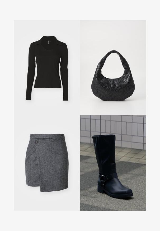 Blusa negra de manga larga con escote en V y cuello, hecha de tela de canalé. Diseño ajustado, sin patrones ni acentos visibles.; Falda envolvente en espiga gris hecha de tejido de lana texturizado, con un cierre de un solo botón en la cintura y un dobladillo asimétrico.; Bota negra de cuero hasta la mitad de la pantorrilla con un tacón bajo de bloque y una correa decorativa con hebilla metálica alrededor del tobillo, sobre un pavimento de baldosas.; Bolso de mano tejido en negro con un asa curvada, que presenta una superficie texturizada y una forma holgada. Acabado suave con una silueta orgánica.