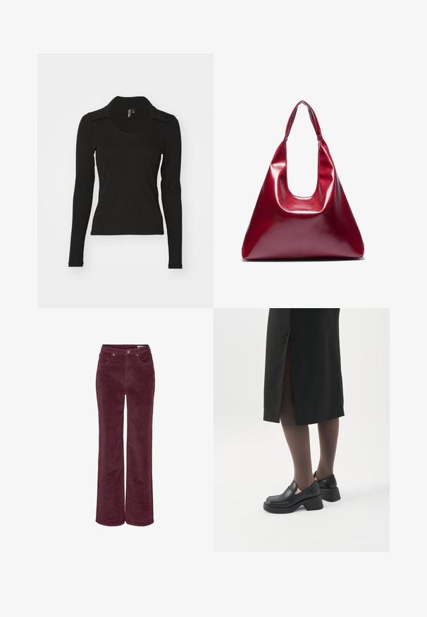 Haut noir à manches longues avec un décolleté en V et un col, fabriqué en tissu côtelé. Design ajusté, sans motifs ni accents visibles.; Pantalon en velours côtelé de couleur bordeaux foncé, à coupe large. Dispose de poches avant et de passants pour ceinture, finition en tissu texturé.; Femme portant des mocassins noirs à talons épais, des collants noirs transparents et une jupe noire fendue à l'arrière sur fond blanc.; Sac à main en cuir laqué rouge de forme triangulaire, avec une large ouverture en haut et une seule anse courbée. Texture lisse avec des détails de couture minimaux.