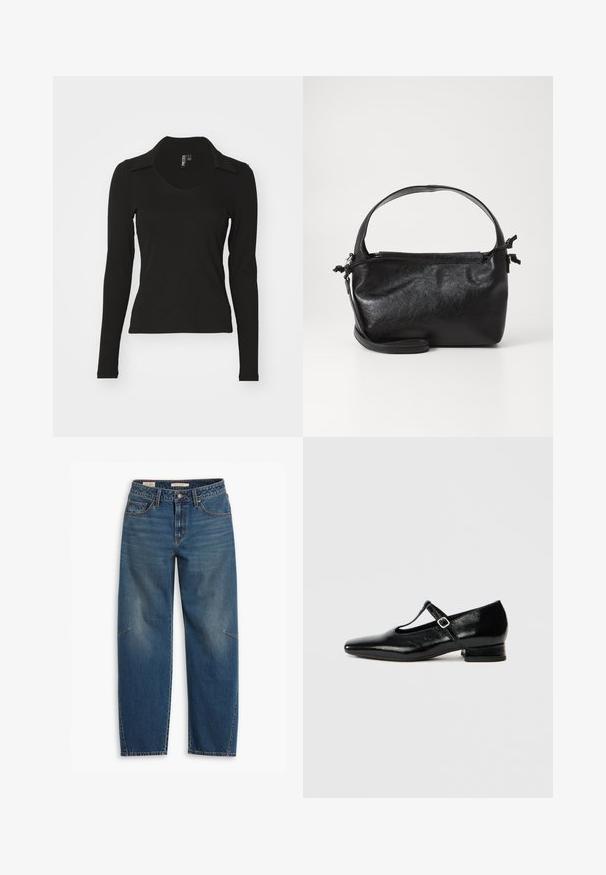 Sort langærmet top med v-hals og krave, lavet af ribbet stof. Tætsiddende design, ingen mønstre eller detaljer synlige.; Blå denim jeans med en afslappet pasform, der har høj talje, lige ben, synligt syning og en lille detalje på venstre knæ.; Sorte Mary Jane-sko i læder med spids tå, lille blokhæl og justerbar rem med sølvspænde. Glat, blank tekstur.; Sort læderhåndtaske med et struktureret design, rund tophåndtag og aftagelig skulderrem. Den har en glat tekstur og en subtil glans.