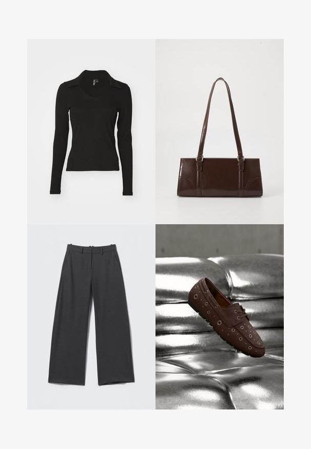 Haut noir à manches longues avec un décolleté en V et un col, fabriqué en tissu côtelé. Design ajusté, sans motifs ni accents visibles.; Pantalon gris foncé à jambes larges avec fines rayures verticales, passants de ceinture, poches latérales et fermeture éclair à l'avant.; Chaussure mocassin marron avec œillets métalliques sur une surface en cuir argenté capitonnée, présentée en l'air comme flottante ou en mouvement.; Sac à main en cuir verni marron de forme rectangulaire, avec deux longues poignées et des accents courbés subtils à l'avant.