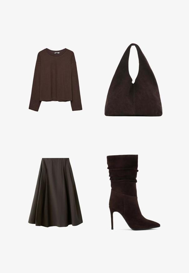 Pull marron à coupe décontractée, col côtelé et manches longues. Texture lisse avec un ourlet arrondi et sans motifs ni accents visibles.; Jupe noire trapèze à taille haute avec ourlet évasé, fabriquée en tissu lisse, présentée sur fond blanc.; Bottine en suède brun avec un haut drapé, un bout pointu et un talon aiguille haut. Elle présente une surface texturée et une silhouette lisse.; Sac à bandoulière triangulaire marron foncé doux avec une poignée large unique en haut et une texture de surface lisse.