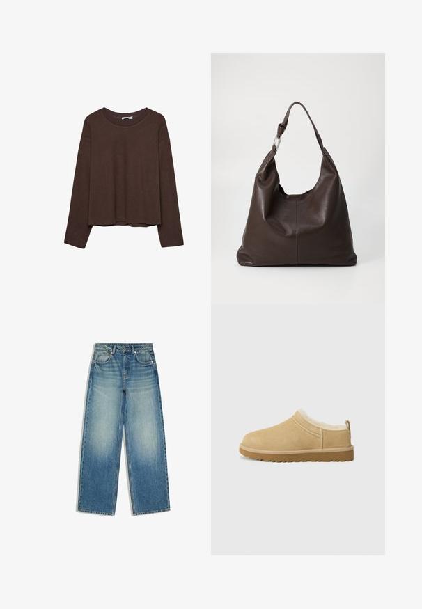 Brun sweater med en afslappet pasform, ribbet rullekrave og lange ærmer. Glat tekstur med en rund kant og ingen synlige mønstre eller accenter.; Blå jeans med vid ben, falmet front, fem-lomme design, bæltestropper og knaplukning.; Suede slip-on sko i lys tan, med en blød pelsforing og tekstureret gummisål med en let hæl og bagestrop for nem påklædning.; Zign by Zalando LEATHER - Shopping bags - chocolate brown