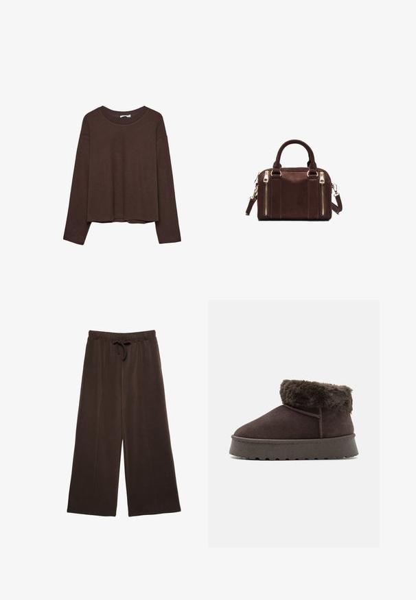 Brun sweater med en afslappet pasform, ribbet rullekrave og lange ærmer. Glat tekstur med en rund kant og ingen synlige mønstre eller accenter.; Brune bukser med vide ben, elastisk talje og snørelukning, lavet af blødt stof, vist mod en hvid baggrund.; Brune ruskind ankelstøvle med kunstig pelskrave, rund tå og tekstureret gummisål. Har enkel søm og et lavprofil design.; Brun rektangulær håndtaske i læder med to håndtag, to lodrette lynlåslommer foran og en aftagelig skulderrem.