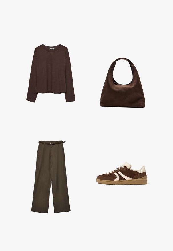 Pull marron à coupe décontractée, col côtelé et manches longues. Texture lisse avec un ourlet arrondi et sans motifs ni accents visibles.; Pantalon marron à jambes larges avec une ceinture marron assortie, présenté à plat sur fond blanc.; Baskets en daim brun avec accents crème, lacets blancs et semelle en caoutchouc gomme, vues de profil extérieur sur fond blanc.; Sac à main en toile marron doux de style hobo avec une large sangle unique et une ouverture en haut arrondie, présenté sur un fond blanc.