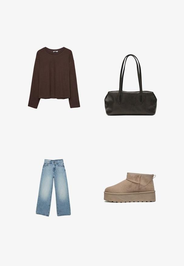 Brun sweater med en afslappet pasform, ribbet rullekrave og lange ærmer. Glat tekstur med en rund kant og ingen synlige mønstre eller accenter.; Lyseblå jeans med høj talje og vide ben, med lommer foran og bagpå samt knap- og lynlåslukning.; Beige suede ankelstøvle med rund tå, elastisk krave og en tykk platformsål med dybe riller for greb. Flad, strømlinet design.; Sort lædertaske i rektangulær form med lange dobbelte skulderremme og en struktureret overflade, vist mod en ensfarvet hvid baggrund.