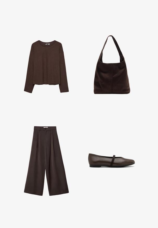 Pull marron à coupe décontractée, col côtelé et manches longues. Texture lisse avec un ourlet arrondi et sans motifs ni accents visibles.; Pantalon large marron foncé avec plis à l'avant, fermeture par bouton et passants de ceinture, présenté sur un fond blanc.; Ballerines en cuir marron avec un bout arrondi et une sangle élastique sur le cou-de-pied. Dotées d'une semelle en caoutchouc noir, basse et flexible.; Sac à épaule en suède marron avec une large bandoulière plate. Design doux et non structuré avec une couture centrale. Pas de matériel ou d'ornements visibles.