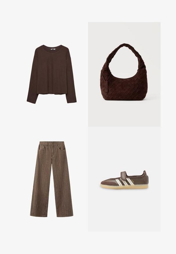 Pull marron à coupe décontractée, col côtelé et manches longues. Texture lisse avec un ourlet arrondi et sans motifs ni accents visibles.; Pantalon marron à jambes larges avec des fines rayures verticales blanches, poches avant, passants pour ceinture et fermeture par bouton à la taille.; Baskets marron avec semelle en caoutchouc beige, trois bandes blanches sur le côté et une seule bride Velcro sur le dessus.; Sac à épaule en cuir tressé marron foncé avec une forme douce et arrondie et une large anse, avec une petite étiquette en cuir attachée.