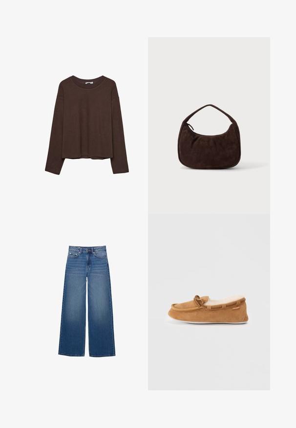 Pull marron à coupe décontractée, col côtelé et manches longues. Texture lisse avec un ourlet arrondi et sans motifs ni accents visibles.; Jean en denim à jambes larges, de couleur bleu moyen, avec une taille haute, un design à cinq poches et des détails cousus le long des coutures.; Mocassin en daim marron avec doublure en fausse fourrure, bout rond et détail de nœud décoratif. Présente une semelle en caoutchouc et un contour contrastant.; Sac à main en daim marron foncé avec une courte sangle et une forme rectangulaire arrondie sur un fond uni clair.