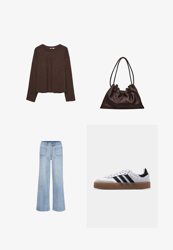 Brun sweater med en afslappet pasform, ribbet rullekrave og lange ærmer. Glat tekstur med en rund kant og ingen synlige mønstre eller accenter.; Lyseblå vidbukser lavet af denim, med høj talje, fem lommer og en ren afslutning ved kanten.; Hvide lædersneakers med sorte striber, gummirubber sål, rund tå, snørelukning og blød grå ruskinds tåhætte.; Blød mørkebrun læderhåndtaske med en slasket form og to tynde skulderstropper mod en hvid baggrund.