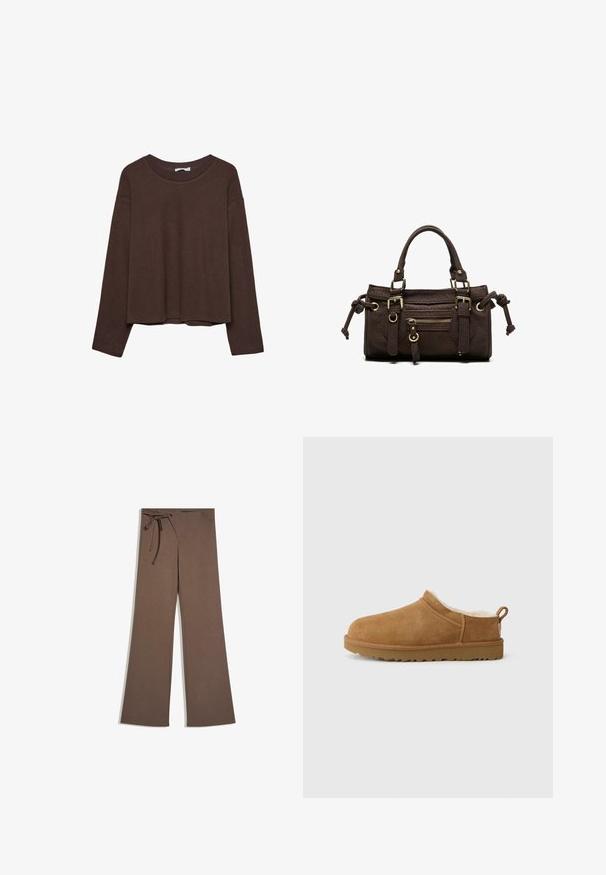 Pull marron à coupe décontractée, col côtelé et manches longues. Texture lisse avec un ourlet arrondi et sans motifs ni accents visibles.; Pantalon large marron taille haute, avec poches avant et cordon noué sur le côté gauche.; Chaussure mocassin en suède marron avec une douillette doublure en fourrure blanche, semelle plate en caoutchouc, bout arrondi et petite languette au talon.; Sac à main en cuir marron foncé avec double poignée, poche avant zippée, boucles décoratives et nœuds latéraux sur fond blanc.