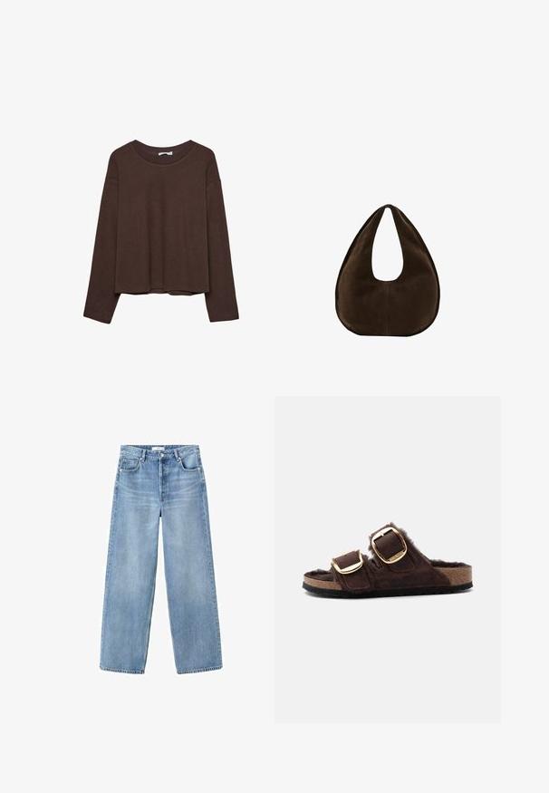 Pull marron à coupe décontractée, col côtelé et manches longues. Texture lisse avec un ourlet arrondi et sans motifs ni accents visibles.; Jean denim bleu clair à jambes larges avec poches avant et arrière, passants pour ceinture, et fermeture par bouton et fermeture éclair.; Sandale marron à bout ouvert avec deux boucles dorées réglables et une doublure douce et duveteuse sur une semelle en liège.; Sac à main en daim marron foncé en forme de croissant avec une seule sangle large et une texture lisse sur fond blanc.