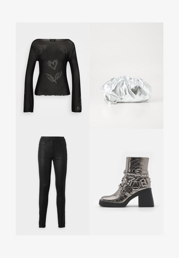 Sort langærmet gennemsigtig top med dekorative sølvdetaljer og en bølgekant. Glat tekstur med en afslappet pasform og bred udskæring.; Sorte højtaljede skinny jeans med for- og baglommer, bæltestropper og knaplukning på ensfarvet baggrund.; Metallic sølv ankelsko med flere sorte stropper, sølvnitter og en kraftig sort hæl. Struktureret overflade med en blank finish.; Metallisk sølv clutch taske med en blød, samlet krop og en tynd skulderrem. Har en glat, skinnende overflade og rund form.