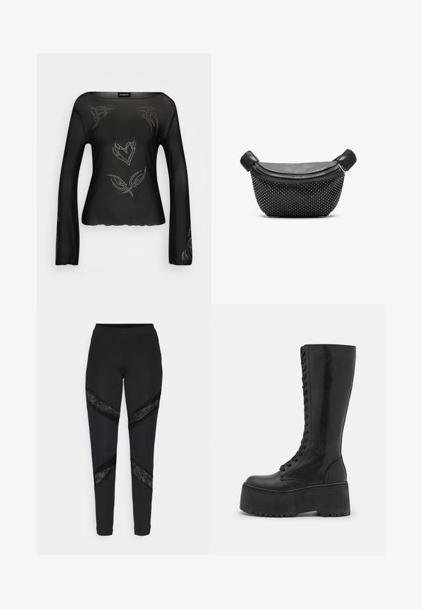 Schwarzes, langärmliges, transparentes Oberteil mit dekorativen silbernen Details und gewelltem Saum. Glatte Textur mit lockerer Passform und weiter Ausschnitt.; Schwarze Leggings mit dreieckigen Ausschnitten, die an den Seiten mit schwarzer Spitze akzentuiert sind. Sie bestehen aus einem dehnbaren Stoff mit passgenauer Passform.; Zign LEATHER - Schnürstiefel - black; Schwarze Handtasche mit einer glatten Lederoberfläche und einem strukturierten Boden, der mit silbernen Nieten bedeckt ist. Sie verfügt über einen Reißverschluss und zwei Griffe.