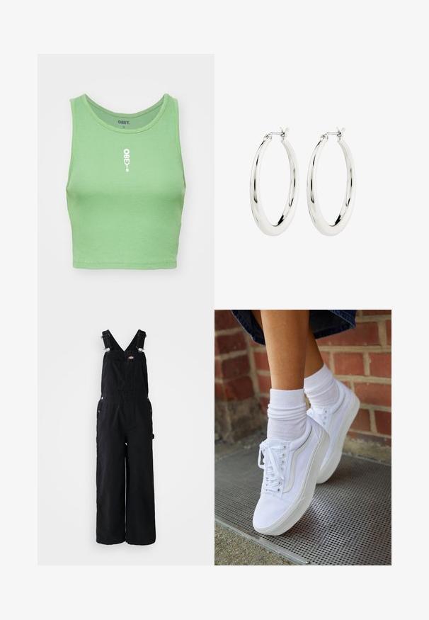 Mintgrøn ribbet cropped top med en crew neckline. Har et hvidt "OBEY" logo centreret på forsiden. Stof har et blødt, tekstureret udseende.; Sorte denim overalls med brede ben, justerbare skulderstropper, lomme foran og sølv hardware detaljer. Glat tekstur, minimalistisk design.; Hvide lærreds sneakers med gummisåler, der har seks snørehuller, rund tå og let sømdetaljer, krydret med hvide ankelstrømper.; Sølvøreringe i form af hoops med en glat, blank finish. Cirkulær form, der har en sikker lås. Simpelt og elegant design.