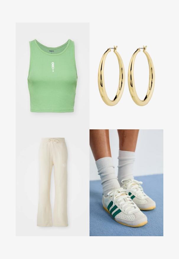 Mintgrøn ribbet cropped top med en crew neckline. Har et hvidt "OBEY" logo centreret på forsiden. Stof har et blødt, tekstureret udseende.; Cremefarvede sweatpants med en blød tekstur, featuring en snoretræk i taljen og flair ben. Diskret logo detalje på venstre hofte.; Fødder iført hvide sneakers med grønne striber og hvide ribstrikkede sokker, der står på et lyseblåt tæppe.; Guld hoops øreringe med en glat, poleret overflade. Cirkelformet, med en sikker lås på toppen. Overfladen reflekterer lys.