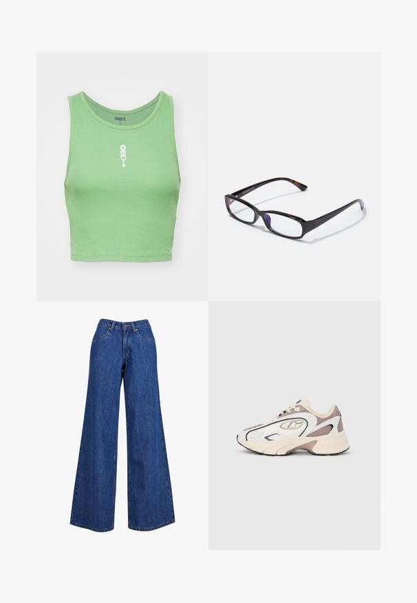 Top corto de canalé verde menta con cuello redondo. Presenta un logo blanco "OBEY" centrado en la parte delantera. La tela tiene una apariencia suave y texturizada.; Jeans de mezclilla de pierna ancha en azul medio, con una cintura alta, costuras en contraste y un diseño clásico de cinco bolsillos.; Zapatilla con suela gruesa en blanco, beige y gris. Parte superior de malla y sintética con un diseño elegante y detalles en negro contrastantes.; Gafas rectangulares con un patrón de carey, armazón de plástico negro y lentes transparentes. Presentan patillas delgadas y una ligera curvatura en los extremos.