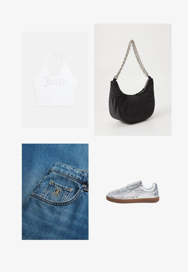 Top halter blanco hecho de tela suave, con texto de strass "Juicy" en la parte frontal. Se ata en el cuello para un ajuste ajustable.; Primer plano del bolsillo de unos vaqueros de denim azul con un pequeño parche de logo que muestra letras estilizadas y remaches metálicos en las esquinas del bolsillo.; Pepe Jeans Zapatillas - silver-coloured; Juicy Couture KIMBERLY SMALL HOBO - Bolso de mano - black