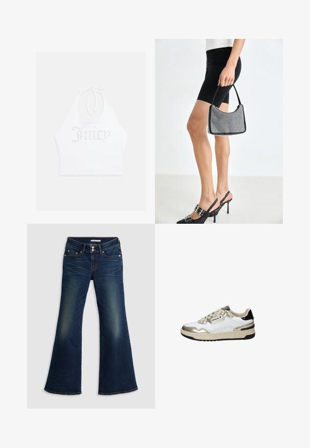 Witte haltertop gemaakt van zachte stof, met rhinestone tekst "Juicy" op de voorkant. Te strikken bij de nek voor een verstelbare pasvorm.; Donkerblauwe spijkerbroek met superlage flare, voorzien van voor- en achterzakken, dubbele knoopsluiting en vervaagde details op de bovenbenen en knieën.; Witte en gouden sneaker met zwarte accenten, voorzien van glad leer, een ronde neus, vetersluiting en een gestructureerde rubberen zool.; Zwarte beaded handtas met een gebogen silhouet, draaghandvat en glanzende textuur. Draagt bij hoge zwarte hakken en strakke zwarte shorts.