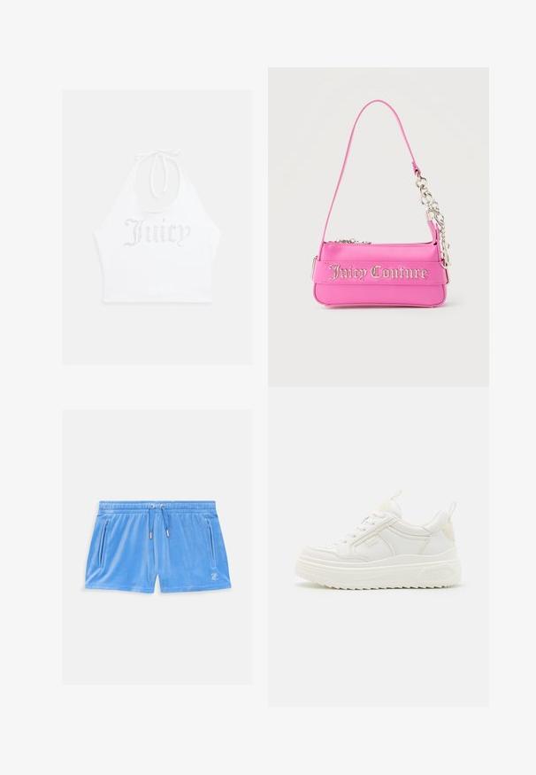 Weißes Haltertop aus weichem Stoff, mit Strassschriftzug "Juicy" auf der Vorderseite. Bindeverschluss am Hals für eine verstellbare Passform.; Himmelblaue Velours-Shorts mit einem elastischen Bund, Kordelzug und zwei seitlichen Reißverschlusstaschen. Mit einem kleinen gestickten Logo auf dem Oberschenkel.; Weiße Leder-Sneaker mit einer klobigen Sohle, Schnürdesign und dezentem Branding. Sie verfügen über eine glatte Textur und eine abgerundete Zehenpartie.; Kleine, leuchtend pinke Juicy Couture Handtasche mit silbernen Kettendetails und Logo-Schriftzug auf der Vorderseite, schmaler einzelner Schulterriemen.