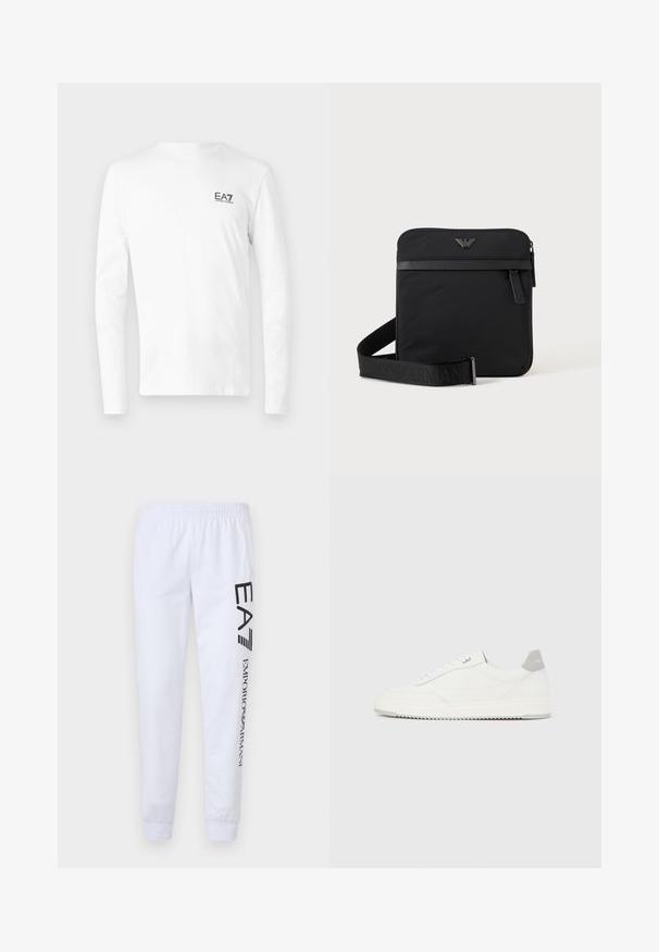 Witte T-shirt met lange mouwen van katoen, voorzien van een klein zwart EA7-logo op de linkerborst. Eenvoudig ontwerp met een ronde hals.; Witte sweatpants gemaakt van zacht materiaal, met zwarte bedrukte logo's "EA7" en "Emporio Armani" langs het linkerpijp, en voorzien van een elastische tailleband en boorden.; Witte lage sneaker met grijze hielpatch, witte veters en een gestructureerde zool, gepresenteerd op een effen lichte achtergrond.; Zwarte vierkante schoudertas met ritssluiting, voorvak en verstelbare band met geperste merknaam.