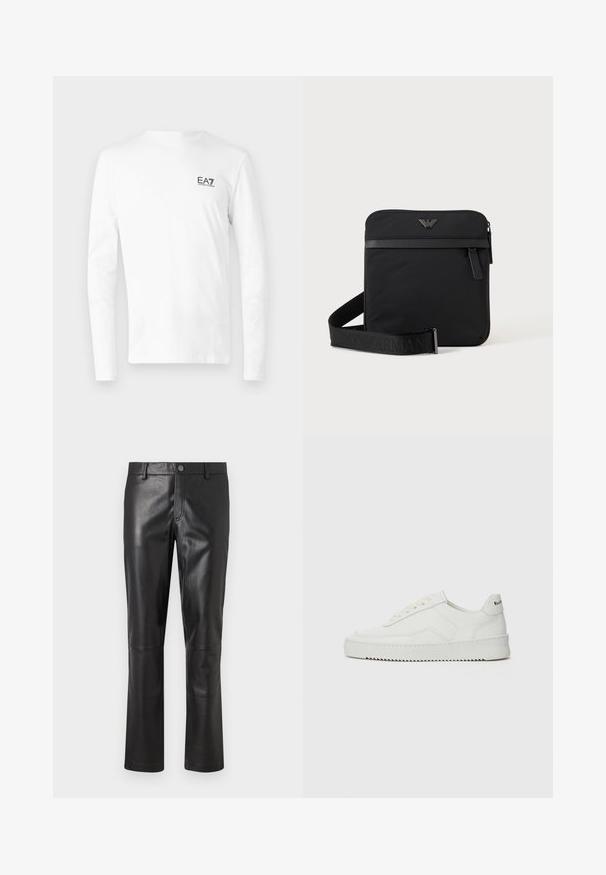 T-shirt blanc à manches longues en coton, comportant un petit logo EA7 noir sur le côté gauche de la poitrine. Design simple avec un col rond.; Pantalon en cuir noir avec une texture lisse, design à jambes droites et couture subtile le long des coutures. Présente une fermeture à bouton à la taille.; Baskets en cuir blanc avec une finition lisse, bout arrondi, lacets plats et semelle texturée. Présente un logo discret sur le talon.; Sac bandoulière carré noir avec fermeture éclair, poche avant et sangle réglable avec nom de marque embossé.