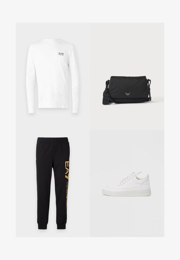 Hvid langærmet T-shirt lavet af bomuld, med et lille sort EA7-logo på venstre brystområde. Enkel design med rund halsudskæring.; Sorte sweatpants lavet af blødt stof, med elastisk talje og afsluttede ankler. Gul branding trykt lodret på venstre ben.; Hvid lædersneaker med rundet tå, flad sål og snørebånd foran. Har syningsdetaljer og polstret krave for komfort.; Sort crossbody taske med justerbar rem og lille sølv logoemblem på frontklap, vist på ensartet lyst baggrund.