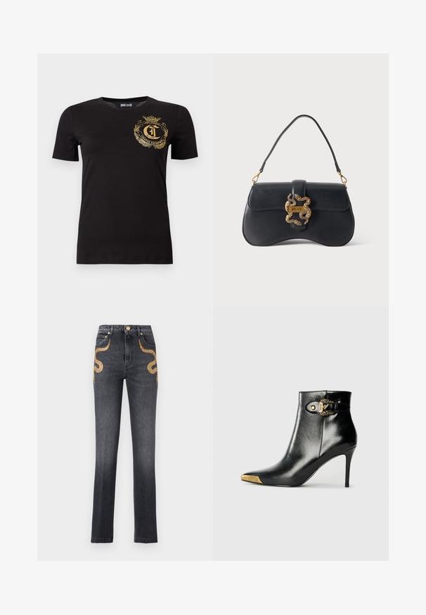 Sort T-shirt med korte ærmer, rund hals og gyldent våbenskjold på venstre bryst med teksten "Just Cavalli Creative Department."; Sorte jeans med høj talje og lige ben med gyldne paillet-slangedesign på frontlommerne og gylden knaplukning.; Sort ankelstøvle lavet af skinnende læder med spids tå, stilet hæl og guldfarvet hardware med en dekorativ spænde-detalje.; Sort læderhåndtaske med buet form, enkelt håndtag og guldfarvet slangeformet lukning med mærket "Just Cavalli" på ensfarvet baggrund.