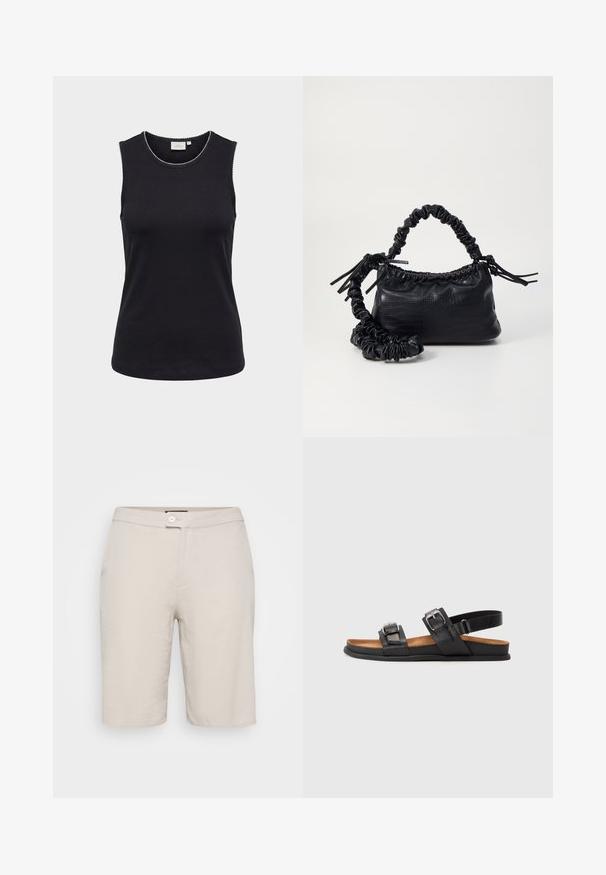 Top negro sin mangas para mujer con escote redondo y sutil borde blanco en forma de ondas a lo largo de los bordes sobre un fondo claro.; Shorts de algodón beige con cierre de botón, dos bolsillos laterales y un corte recto. Presentan una textura suave y un diseño simple.; Sandalias de cuero negro con dos correas ajustables de hebilla, una plantilla acolchada y una suela plana de goma. Diseño minimalista con un aspecto clásico.; Bolso de mano de imitación cuero negro con textura de cocodrilo, parte superior fruncida y correa arrugada. Presenta un diseño suave y compacto.