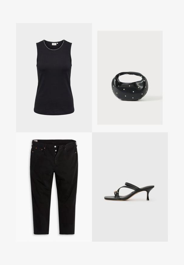 Schwarzes ärmelloses Damenoberteil mit rundem Ausschnitt und dezentem weißem gewelltem Rand entlang der Kanten vor hellem Hintergrund.; Schwarze Jeanshose mit geradem Bein. Verfügt über fünf Taschen, Metallknopfverschluss und orangefarbene Nähtigkeiten. Aus Baumwollmaterial.; Schwarze Sandalen mit Absatz und quadratischer Zehenform, zwei überkreuzten Riemen, goldfarbener Schnallenakzent und einem schmalen hohen Absatz. Weiches Ledertextur.; Schwarze Lederhandtasche mit abgerundeter Form, verziert mit silbernen Nietenakzenten und kurzem Griff. Glatte Struktur und Reißverschlussverschluss.