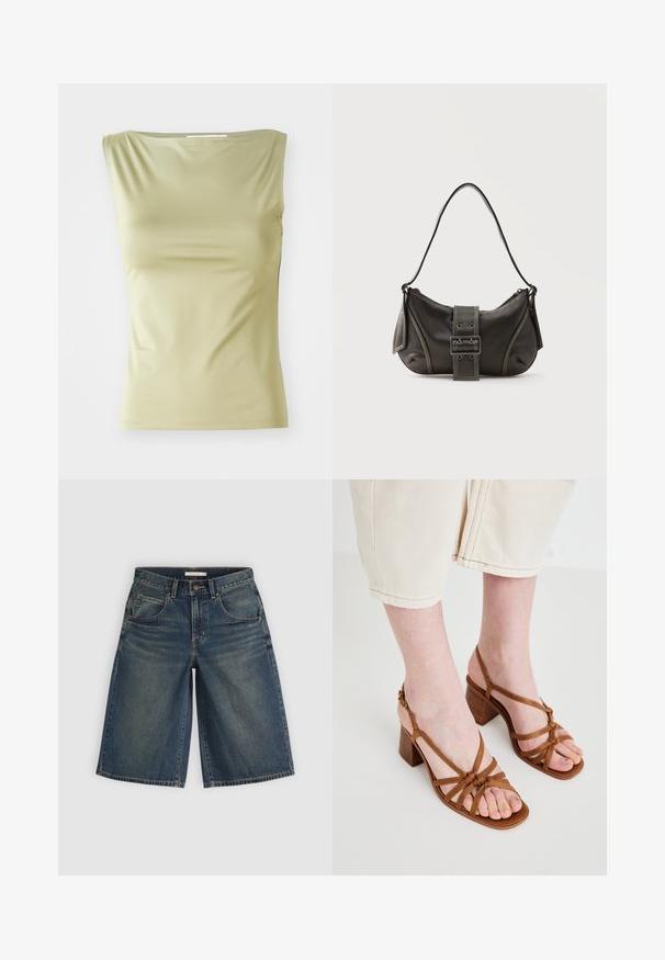 Hellgrünes ärmelloses Top aus glattem Stoff, mit rundem Ausschnitt und schmaler Silhouette, versehen mit dezenten Seitennähten.; Dunkelblaue Denim-Bermuda-Shorts mit Frontknopf, Reißverschluss und Fünf-Taschen-Design, flach auf einem hellgrauen Hintergrund dargestellt.; Braune Riemchen-High-Heelsandalen mit einem klobigen Absatz, ausgestattet mit geknoteten Riemen und einem offenen Zehendesign. Texturierte Sohle und verstellbarer Knöchelriemen.; Schwarze Leder-Schultertasche mit Schnallengurt-Detail, abgerundeten Kanten und kontrastierenden weißen Nähten auf schlichtem Hintergrund.