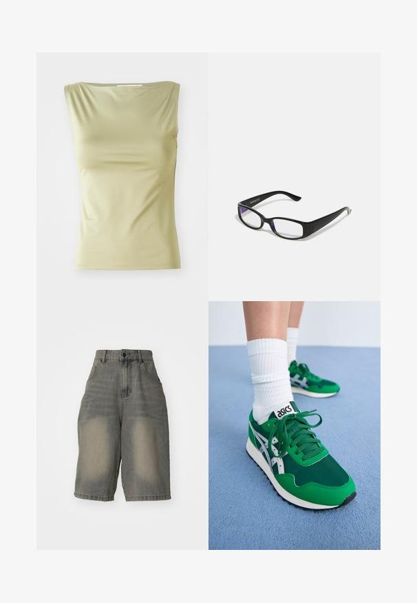 Haut sans manches vert clair en tissu lisse, avec un col rond et une silhouette ajustée dotée de coutures latérales discrètes.; Jaded London LIGHT WASH JUMBO JORTS - Short en jean - light wash; Baskets en maille verte et synthétique avec des accents blancs et une semelle en caoutchouc noire. Comprend des lacets, un col rembourré et le logo ASICS sur la languette.; Des lunettes rectangulaires noires avec des verres transparents. Fini brillant, branches étroites et teinte violette visible sur les bords des verres.