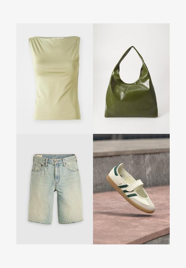Haut sans manches vert clair en tissu lisse, avec un col rond et une silhouette ajustée dotée de coutures latérales discrètes.; Shorts en denim bleu clair avec une coupe décontractée, cinq poches, fermeture à boutons sur le devant, et ourlet net. Texture usée avec un effet de décoloration subtil.; Chaussure en cuir blanc avec des rayures vertes, bout rond, fixée par une bride. Semelle en gomme, design minimaliste, surpiqûres en relief le long des bords supérieurs.; Sac hobo en cuir vert au design décontracté, avec une poignée incurvée et une texture lisse. Ne contient aucun matériel ou accent visible.