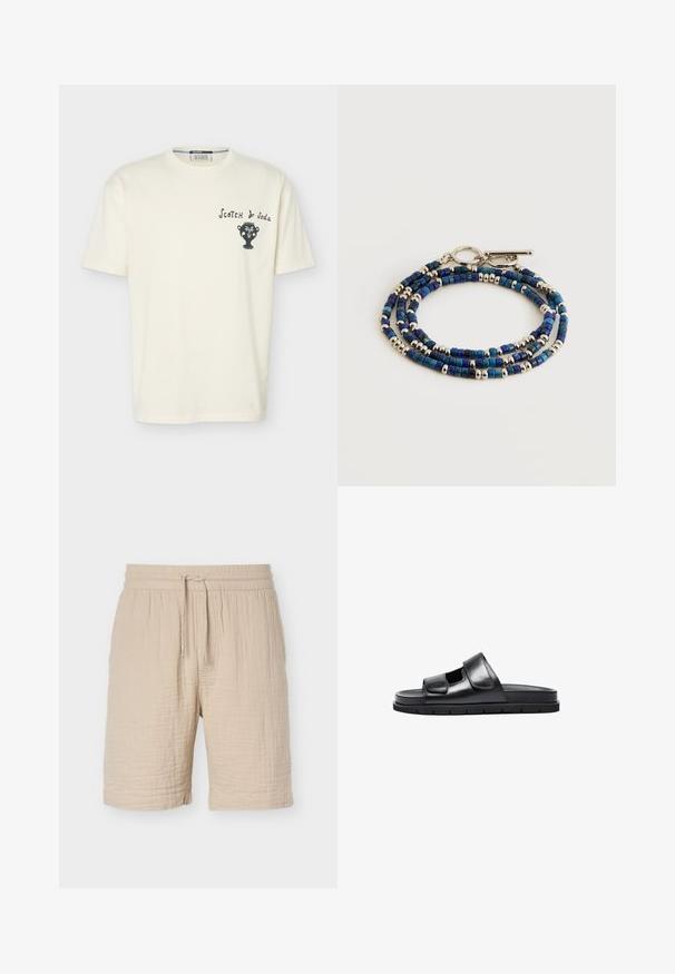 Off-white lyhythihainen t-paita pyöreällä pääntiellä, pieni musta abstrakti kasvokuvio ja "Scotch & Soda" teksti vasemmassa rintamuksessa.; Beigen väriset shortsit, joissa on joustava vyötärönauha, säädettävä nyöri, teksturoitu kangas ja polvenmittainen helma.; Mustat nahkaiset liukusandaalit, joissa on leveä säädettävä hihna, avoin varvasosa ja teksturoitu pohja. Minimalistinen muotoilu litteällä, pehmustetulla pohjalla.; Kolminkertainen rannekoru, jossa on pieniä sinisiä neliöhelmiä ja hopeisia pyöreitä helmiä, varustettu hopeisella kääntölukolla, esitetty valkoisella taustalla.