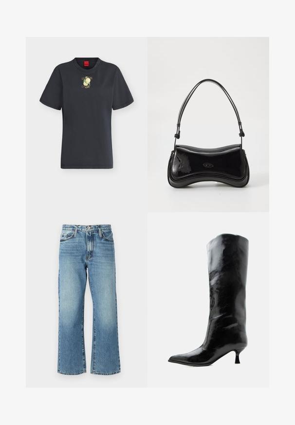 T-shirt noir à manches courtes avec col rond, petit motif citron jaune et texte "LA PÊCHE Hugo Santorini" sur le haut de la poitrine.; Jeans en denim bleu clair avec une coupe large, cinq poches et une fermeture à bouton. Le tissu présente un léger délavage et une texture classique.; Botte en cuir noire brillante, haute jusqu'au genou, avec bout pointu et talon bas courbé sur un fond clair uni.; Sac à main en vernis noir avec une forme courbée, une poignée unique et un fond arrondi. Présente un détail de logo discret à l'avant.