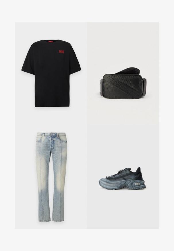 T-shirt noir en coton, avec des manches courtes, un col rond, et un logo rouge "DIESEL" sur le côté gauche de la poitrine.; Jean en denim bleu clair avec une coupe droite, couture double, poches avant et finition délavée. Aucun logo visible.; Baskets Diesel noires et grises avec semelle épaisse, système de laçage à bascule et design texturé sur fond gris clair uni.; Ceinture noire présentant un design texturé avec un logo en relief bien visible. Le matériau semble lisse avec une finition en cuir.