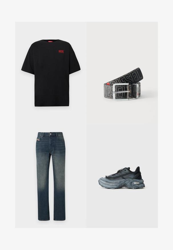 Camiseta negra de algodón, con mangas cortas, cuello redondo y un logo rojo de "DIESEL" en la zona izquierda del pecho.; Vaqueros de mezclilla azul de pierna recta con lavado desvanecido, cierre frontal con botón y cremallera, y diseño de cinco bolsillos.; Zapatilla Diesel en negro y gris con suela gruesa, cierre de cordón y diseño texturizado sobre un fondo liso de color gris claro.; Cinturón negro Diesel con gran texto de logo en blanco, hebilla rectangular plateada y detalle de la anilla metálica con marca, enrollado sobre un fondo claro.