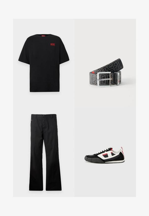 T-shirt noir en coton, avec des manches courtes, un col rond, et un logo rouge "DIESEL" sur le côté gauche de la poitrine.; Pantalon droit en coton noir avec fermeture à bouton. Dispose de poches latérales et d'un design minimaliste sans motifs ni accents visibles.; Diesel S PAGODHA LOW - Baskets basses - black; Ceinture noire Diesel avec grand texte logo blanc, boucle rectangulaire en argent, et détail de boucle métallique brandée, enroulée sur un fond clair.