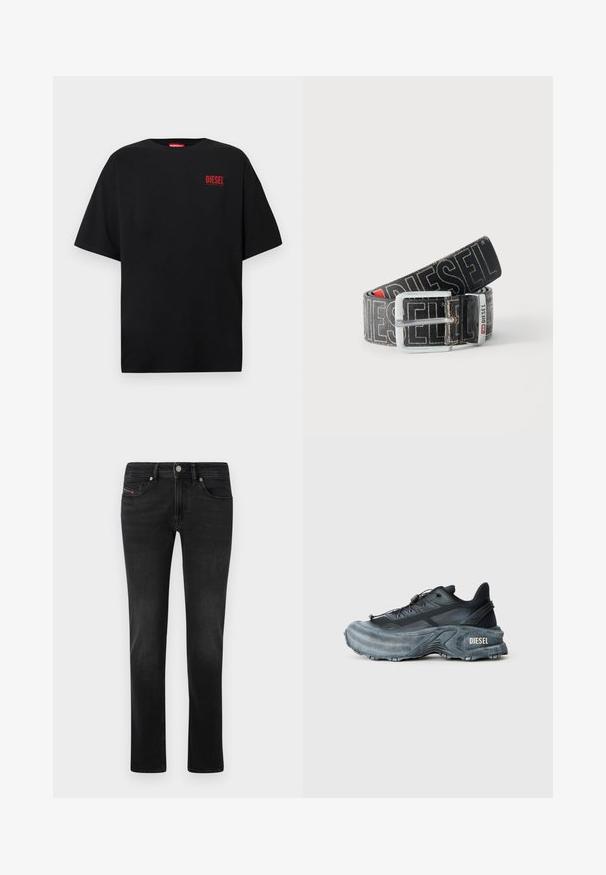 Zwart T-shirt van katoen met korte mouwen, een ronde hals en een rood "DIESEL"-logo op de linkerborst.; Zwarte spijkerbroek van denim met een rechte pijp design, voorzien van voor- en achterzakken, subtiele vervaging en een metalen knoopsluiting.; Zwarte en grijze Diesel sneakers met dikke zool, vetersluiting en gestructureerd ontwerp op een effen lichtgrijze achtergrond.; Zwarte Diesel-riem met grote witte logotekst, rechthoekige zilveren gesp en merkmetal lusdetail, opgerold op een lichte achtergrond.