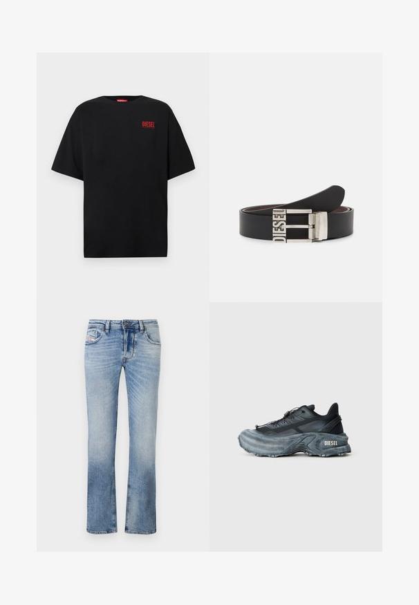 Schwarzes T-Shirt aus Baumwolle, mit kurzen Ärmeln, rundem Ausschnitt und einem roten "DIESEL"-Logo auf der linken Brustseite.; Hellblaue Jeans aus Denim mit geradem Schnitt, ausgestattet mit Fronttaschen, einem Reißverschluss und subtilen Verfärbungen im gesamten Stoff.; Schwarz- und graue Diesel-Sneaker mit dicker Sohle, Schnürverschluss und strukturiertem Design auf einem schlichten hellgrauen Hintergrund.; Schwarzer Ledergürtel mit einer silbernen Metallschnalle, auf der der eingeprägte Text "DIESEL" zu sehen ist. Das Design ist schlank mit einer glatten Textur.