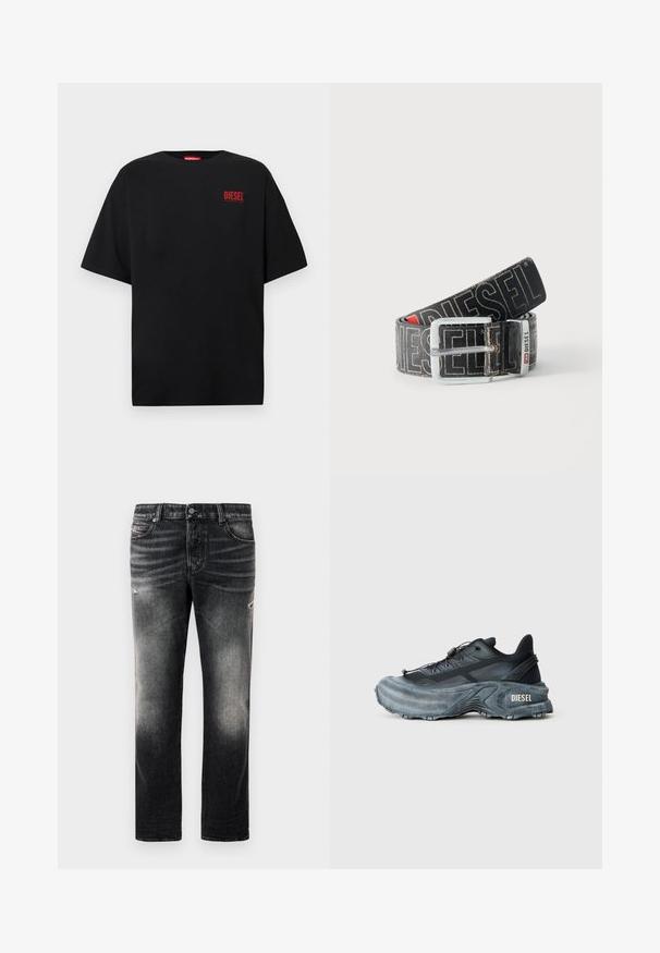 Zwart T-shirt van katoen met korte mouwen, een ronde hals en een rood "DIESEL"-logo op de linkerborst.; Zwarte jeans met een vervaagde afwerking en versleten accenten, standaard vijf-pocket ontwerp en een ritssluiting. Gemaakt van denimstof.; Zwarte en grijze Diesel sneakers met dikke zool, vetersluiting en gestructureerd ontwerp op een effen lichtgrijze achtergrond.; Zwarte Diesel-riem met grote witte logotekst, rechthoekige zilveren gesp en merkmetal lusdetail, opgerold op een lichte achtergrond.