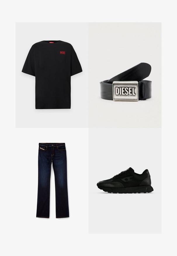 Schwarzes T-Shirt aus Baumwolle, mit kurzen Ärmeln, rundem Ausschnitt und einem roten "DIESEL"-Logo auf der linken Brustseite.; Dunkelblaue Jeans aus Denim mit geradem Bein, ausgestattet mit orangefarbenen Nähten, einem Reißverschluss und Vordertaschen. Glatte Textur und Standardbund.; Schwarzer Low-Top-Sneaker mit strukturiertem Leder und Stoffpaneelen, Schnürverschluss und dicker Gummisohle auf einfachem hellem Hintergrund.; Schwarzer Ledergürtel mit einer rechteckigen silbernen Schnalle, auf der der Markenname "DIESEL" und der Satz "FOR SUCCESSFUL LIVING" eingraviert sind. Glatte Textur.