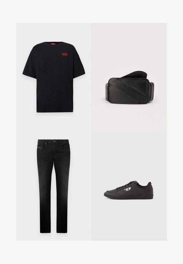 Sort T-shirt lavet af bomuld, med korte ærmer, rund halsudskæring og en rød "DIESEL"-logo på venstre brystområde.; Sorte jeans lavet af denim med lige pasform, der har forlommer og metalknaplukning, glat tekstur og subtile sydetaljer.; Sorte syntetiske sneakers med en struktureret sort sål, rund tå og flade sorte snørebånd. Fremtrædende hvidt logo på ydersiden.; Sort bælte med et struktureret design og et fremtrædende præget logo. Materialet virker glat med en læderlignende finish.