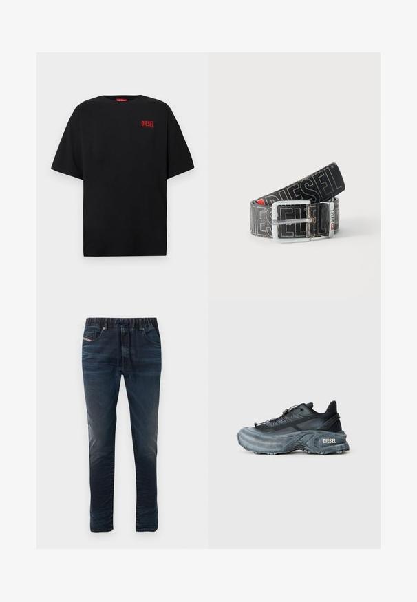T-shirt noir en coton, avec des manches courtes, un col rond, et un logo rouge "DIESEL" sur le côté gauche de la poitrine.; Jean en denim bleu foncé avec une taille élastique, une fermeture à cordon de serrage et cinq poches. Texture lisse avec un léger effet délavé.; Baskets Diesel noires et grises avec semelle épaisse, système de laçage à bascule et design texturé sur fond gris clair uni.; Ceinture noire Diesel avec grand texte logo blanc, boucle rectangulaire en argent, et détail de boucle métallique brandée, enroulée sur un fond clair.