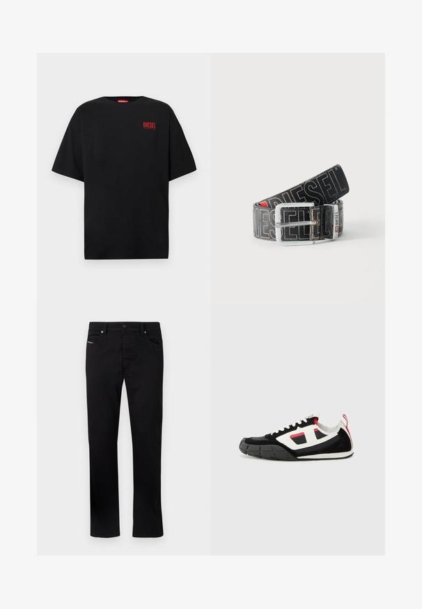 Schwarzes T-Shirt aus Baumwolle, mit kurzen Ärmeln, rundem Ausschnitt und einem roten "DIESEL"-Logo auf der linken Brustseite.; Schwarze Jeans mit geradem Bein, fünf Taschen und Metallknopfverschluss. Mit dezenten Stickereidetails auf der vorderen Tasche.; Diesel S PAGODHA LOW - Sneaker low - black; Schwarzer Diesel-Gürtel mit großem weißen Logotext, rechteckiger silberner Schnalle und gebrandetem Metallschlaufen-Detail, aufgewickelt auf hellem Hintergrund.
